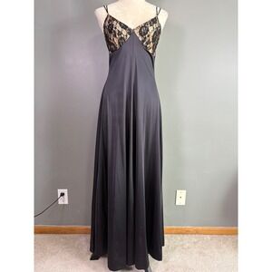 Vintage 50s LeVoy's Nightgown Small Black Lace Maxi Slip Dress Nylon Lingerie